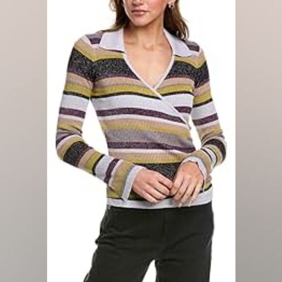 NEW Chaser Faux Wrap Metallic V-Neck Ribbed Sweater Small Black & Silver Stripes - Picture 4 of 9
